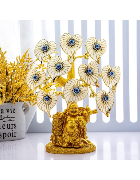 Blue Evil Eye Money Tree with Painted Golden Buddha Statue White Artificial Flowers Home Office Protection Decoration Feng Shui Ornament