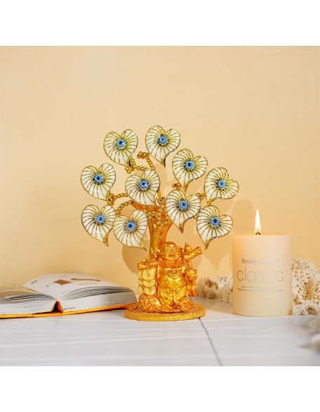 Blue Evil Eye Money Tree with Painted Golden Buddha Statue White Artificial Flowers Home Office Protection Decoration Feng Shui Ornament