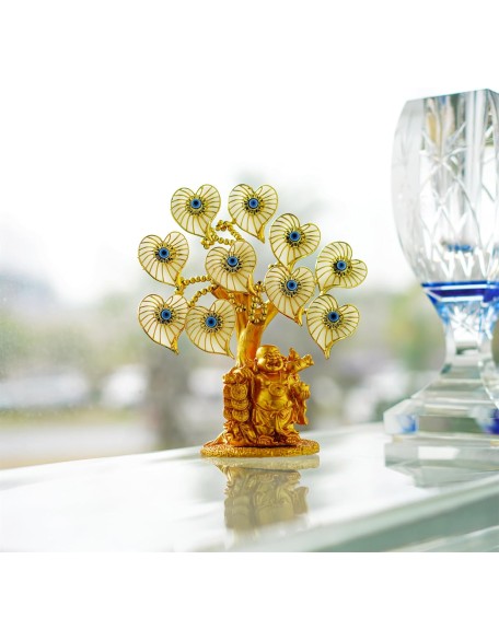 Blue Evil Eye Money Tree with Painted Golden Buddha Statue White Artificial Flowers Home Office Protection Decoration Feng Shui Ornament