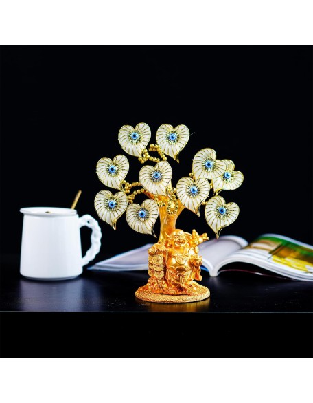 Blue Evil Eye Money Tree with Painted Golden Buddha Statue White Artificial Flowers Home Office Protection Decoration Feng Shui Ornament