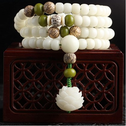 White Jade Natural Bodhi Root 108 Mala Prayer Mantra Beads Meditation 5-Layer Lotus Hand String Multiplayer Bracelet