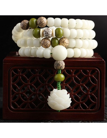 White Jade Natural Bodhi Root 108 Mala Prayer Mantra Beads Meditation 5-Layer Lotus Hand String Multiplayer Bracelet