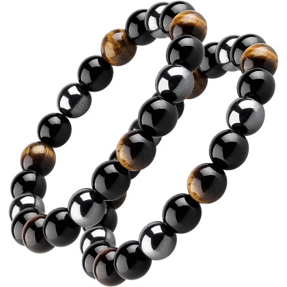 Triple Protection Bracelet, Black Obsidian Tiger Eye Stone Hematite Wealth Bracelets for Men Women for Bring Luck and Prosperity, Beaded Buddha Crystals Rope Stretch Bracelet