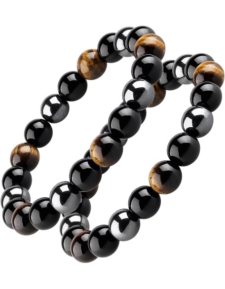 Triple Protection Bracelet, Black Obsidian Tiger Eye Stone Hematite Wealth Bracelets for Men Women for Bring Luck and Prosperity, Beaded Buddha Crystals Rope Stretch Bracelet