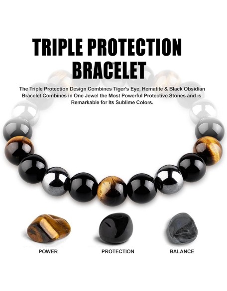 Triple Protection Bracelet, Black Obsidian Tiger Eye Stone Hematite Wealth Bracelets for Men Women for Bring Luck and Prosperity, Beaded Buddha Crystals Rope Stretch Bracelet