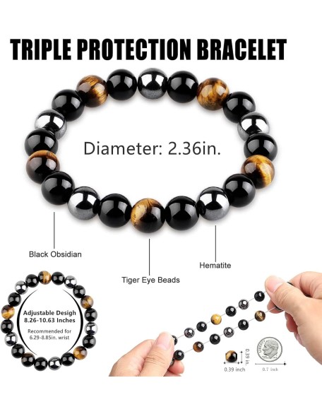 Triple Protection Bracelet, Black Obsidian Tiger Eye Stone Hematite Wealth Bracelets for Men Women for Bring Luck and Prosperity, Beaded Buddha Crystals Rope Stretch Bracelet