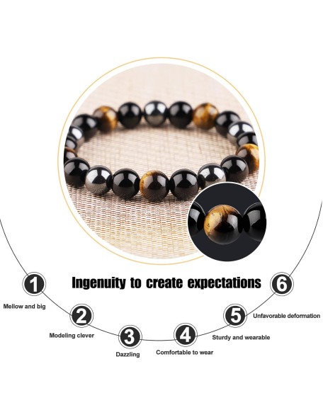 Triple Protection Bracelet, Black Obsidian Tiger Eye Stone Hematite Wealth Bracelets for Men Women for Bring Luck and Prosperity, Beaded Buddha Crystals Rope Stretch Bracelet