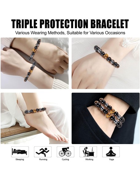 Triple Protection Bracelet, Black Obsidian Tiger Eye Stone Hematite Wealth Bracelets for Men Women for Bring Luck and Prosperity, Beaded Buddha Crystals Rope Stretch Bracelet