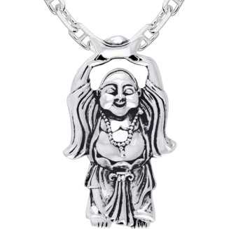 Men's 925 Sterling Silver 29mm Happy Buddha Hotei Buddhism Pendant Necklace, 22in to 26in