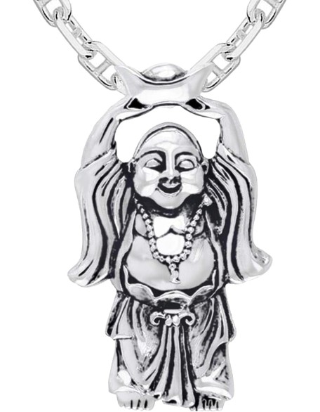 Men's 925 Sterling Silver 29mm Happy Buddha Hotei Buddhism Pendant Necklace, 22in to 26in