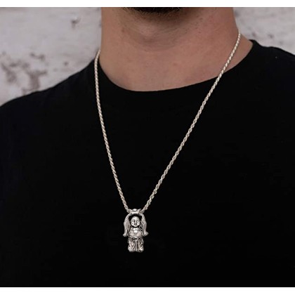 Men's 925 Sterling Silver 29mm Happy Buddha Hotei Buddhism Pendant Necklace, 22in to 26in