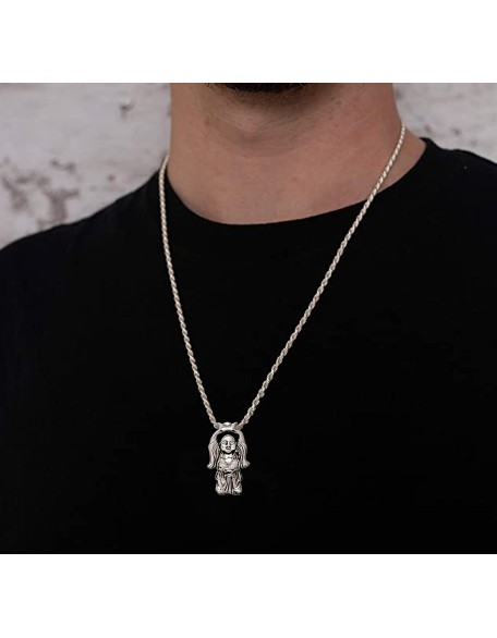 Men's 925 Sterling Silver 29mm Happy Buddha Hotei Buddhism Pendant Necklace, 22in to 26in