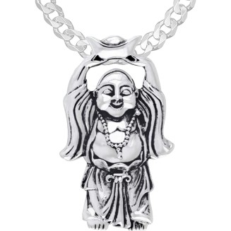 Men's 925 Sterling Silver 29mm Happy Buddha Hotei Buddhism Pendant 4mm Curb Chain Necklace,24in