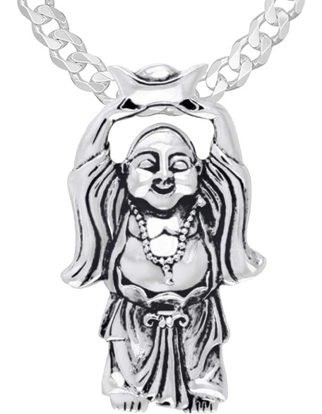 Men's 925 Sterling Silver 29mm Happy Buddha Hotei Buddhism Pendant 4mm Curb Chain Necklace,24in