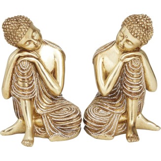 Polystone Buddha Decorative Sculpture Meditating Home Decor Statues with Engraved Carvings and Relief Detailing, Set of 2 Accent Figurines 5"W, 7"H, Gold