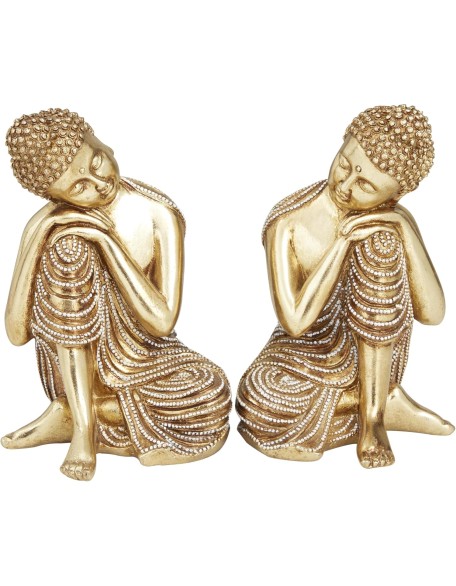 Polystone Buddha Decorative Sculpture Meditating Home Decor Statues with Engraved Carvings and Relief Detailing, Set of 2 Accent Figurines 5"W, 7"H, Gold