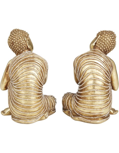 Polystone Buddha Decorative Sculpture Meditating Home Decor Statues with Engraved Carvings and Relief Detailing, Set of 2 Accent Figurines 5"W, 7"H, Gold