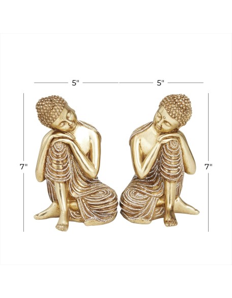 Polystone Buddha Decorative Sculpture Meditating Home Decor Statues with Engraved Carvings and Relief Detailing, Set of 2 Accent Figurines 5"W, 7"H, Gold