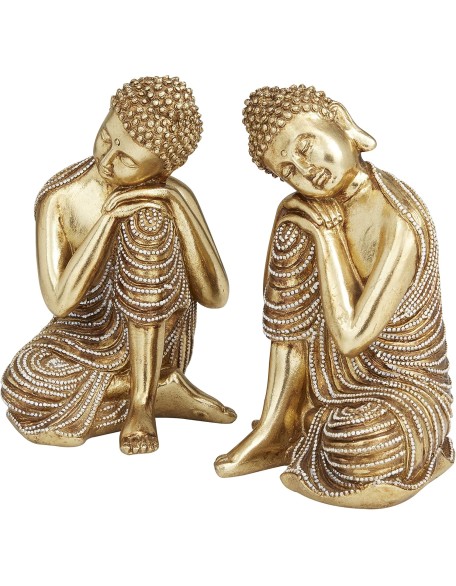 Polystone Buddha Decorative Sculpture Meditating Home Decor Statues with Engraved Carvings and Relief Detailing, Set of 2 Accent Figurines 5"W, 7"H, Gold