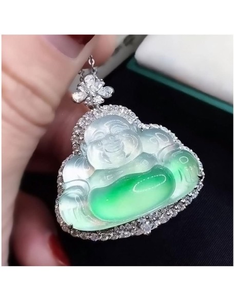 crystal necklaces jewellery for women Necklace Pendant Green Jade Buddha Pendant Laughing Buddha Statue Silver Chain Necklace Pendant/Laughing Buddha Jade Pendant Necklace