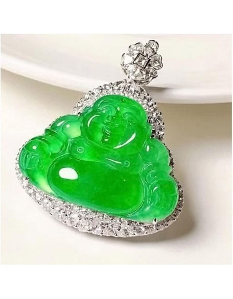 crystal necklaces jewellery for women Necklace Pendant Green Jade Buddha Pendant Laughing Buddha Statue Silver Chain Necklace Pendant/Laughing Buddha Jade Pendant Necklace