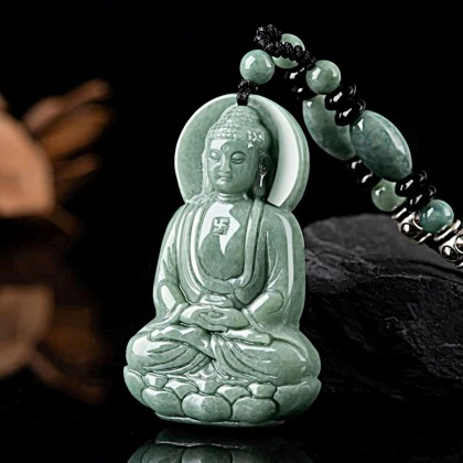 Natural Jadeite 3D Buddha Pendant Necklace Certified Grade A Untreated Burmese Jadeite Jade Hand Carved Shakyamuni Amulet for Men and Women