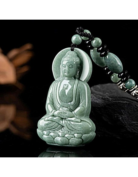 Natural Jadeite 3D Buddha Pendant Necklace Certified Grade A Untreated Burmese Jadeite Jade Hand Carved Shakyamuni Amulet for Men and Women