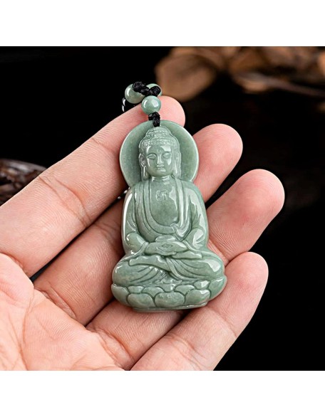 Natural Jadeite 3D Buddha Pendant Necklace Certified Grade A Untreated Burmese Jadeite Jade Hand Carved Shakyamuni Amulet for Men and Women