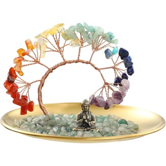 7 Chakra Crystal Tree - Buddha Statue Money for Wealth and Luck Yoga Meditation Home Decor Shelf Accents, Living Room Bedroom Office Decoration, Bookshelf Decor, TV Stand