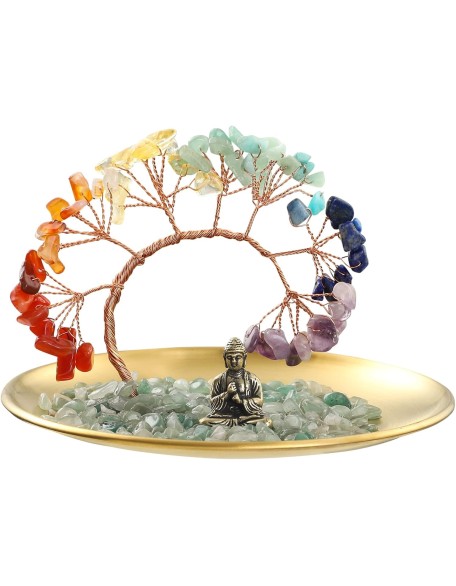 7 Chakra Crystal Tree - Buddha Statue Money for Wealth and Luck Yoga Meditation Home Decor Shelf Accents, Living Room Bedroom Office Decoration, Bookshelf Decor, TV Stand