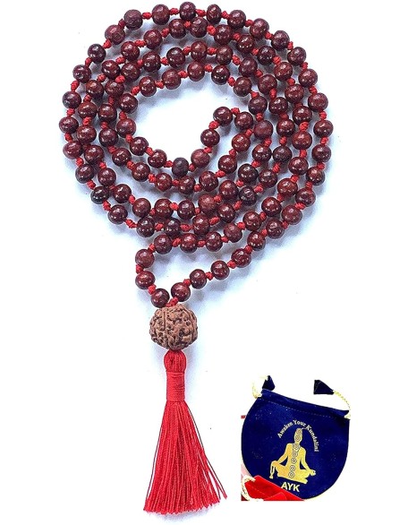 Handmade Rosewood Mala with 5 Mukhi Rudraksha Guru Bead (8mm Beads) - Harness Inner Strength & Balance