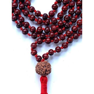 Handmade Rosewood Mala with 5 Mukhi Rudraksha Guru Bead (8mm Beads) - Harness Inner Strength & Balance