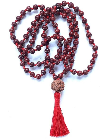 Handmade Rosewood Mala with 5 Mukhi Rudraksha Guru Bead (8mm Beads) - Harness Inner Strength & Balance