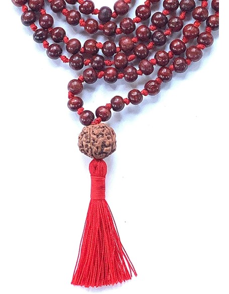 Handmade Rosewood Mala with 5 Mukhi Rudraksha Guru Bead (8mm Beads) - Harness Inner Strength & Balance