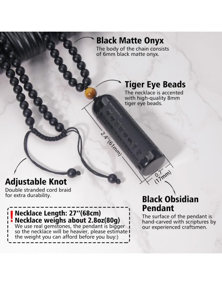 Black Obsidian Necklace Tiger Eye Gemstone Beads Crystal Stone Pendant Healing Chakra Mala Spiritual Necklace for Men Women