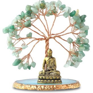 Buddha Statue with Healing Crystal Tree, Tree of Life for Positive Energy. Home Decor Yoga Meditation. Green.(B)