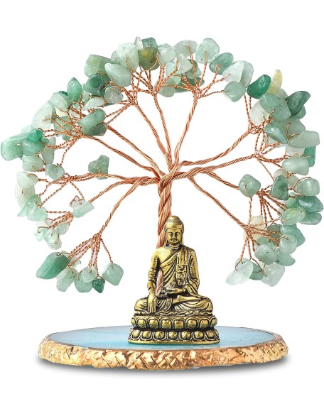 Buddha Statue with Healing Crystal Tree, Tree of Life for Positive Energy. Home Decor Yoga Meditation. Green.(B)