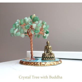 Buddha Statue with Healing Crystal Tree, Tree of Life for Positive Energy. Home Decor Yoga Meditation. Green.(B)