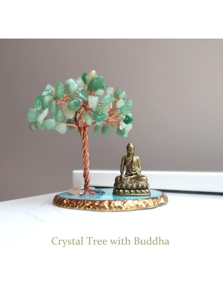 Buddha Statue with Healing Crystal Tree, Tree of Life for Positive Energy. Home Decor Yoga Meditation. Green.(B)