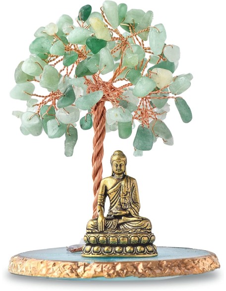 Buddha Statue with Healing Crystal Tree, Tree of Life for Positive Energy. Home Decor Yoga Meditation. Green.(B)