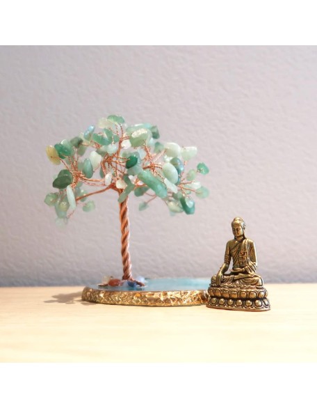 Buddha Statue with Healing Crystal Tree, Tree of Life for Positive Energy. Home Decor Yoga Meditation. Green.(B)