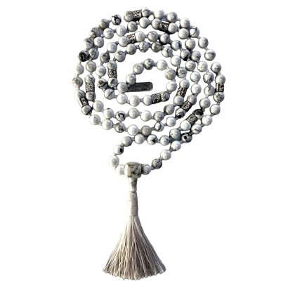 Hand Knotted White Howlite Mala Necklace (8mm 108 Beads, Zinc Alloy Spacers) - Gemini Birthstone, Zodiac Sign, and Throat Chakra