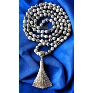 Hand Knotted White Howlite Mala Necklace (8mm 108 Beads, Zinc Alloy Spacers) - Gemini Birthstone, Zodiac Sign, and Throat Chakra