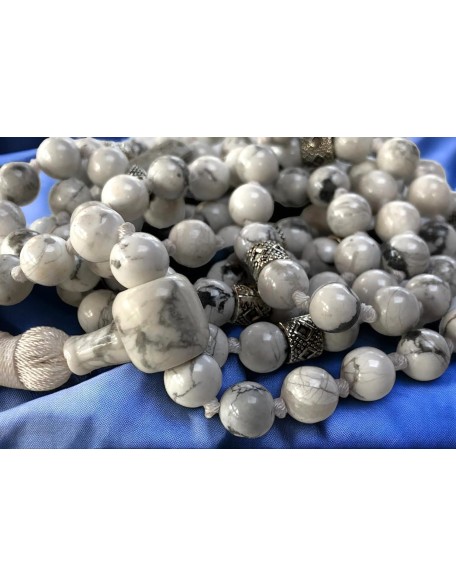 Hand Knotted White Howlite Mala Necklace (8mm 108 Beads, Zinc Alloy Spacers) - Gemini Birthstone, Zodiac Sign, and Throat Chakra