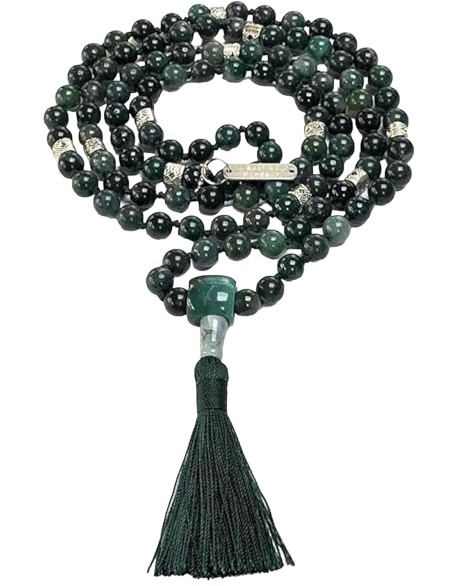 Find Balance & Harmony: Hand-Knotted Moss Agate Mala Necklace (8mm, 108 Beads) - Virgo Birthstone & Heart Chakra Balance