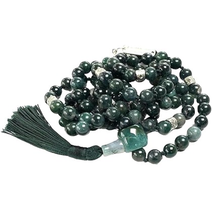 Find Balance & Harmony: Hand-Knotted Moss Agate Mala Necklace (8mm, 108 Beads) - Virgo Birthstone & Heart Chakra Balance