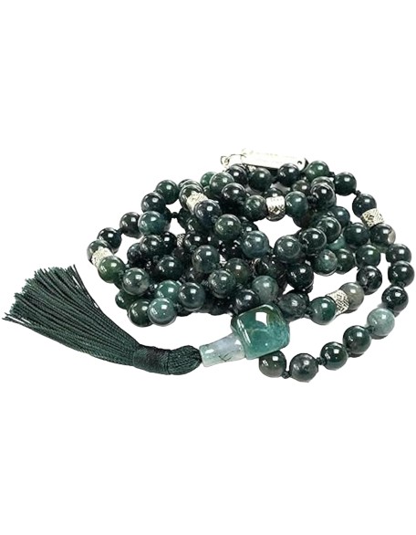 Find Balance & Harmony: Hand-Knotted Moss Agate Mala Necklace (8mm, 108 Beads) - Virgo Birthstone & Heart Chakra Balance