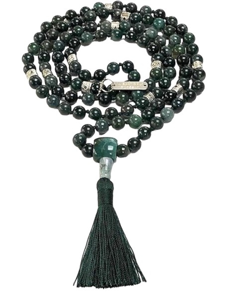 Find Balance & Harmony: Hand-Knotted Moss Agate Mala Necklace (8mm, 108 Beads) - Virgo Birthstone & Heart Chakra Balance