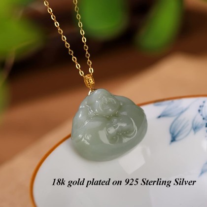 Vintage 18K Gold Plated Chain Necklaces for Women, Natural Green Jade Hug Buddha Pendant, 925 Sterling Silver Adjustable Jewelry Birthday Gift for Mom