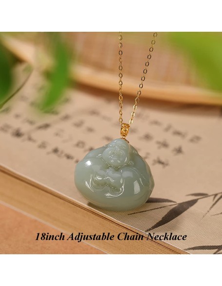 Vintage 18K Gold Plated Chain Necklaces for Women, Natural Green Jade Hug Buddha Pendant, 925 Sterling Silver Adjustable Jewelry Birthday Gift for Mom